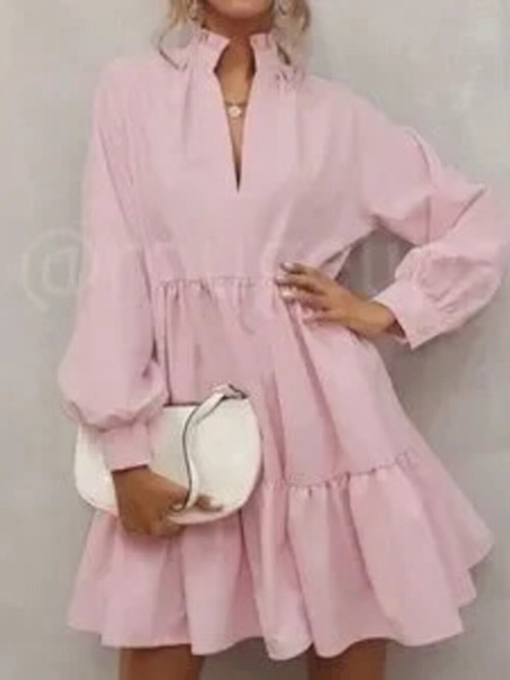 Baby Pink Long Sleeve Loose Fitting Mini Short Dress V-Neck Notch Neck